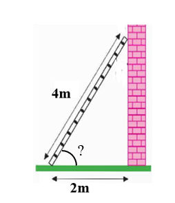 Nếu đặt một chiếc thang dài 4 m cách chân tường 2 m (hình vẽ) thì góc tạo bởi thang và mặt đất bằng (ảnh 1)