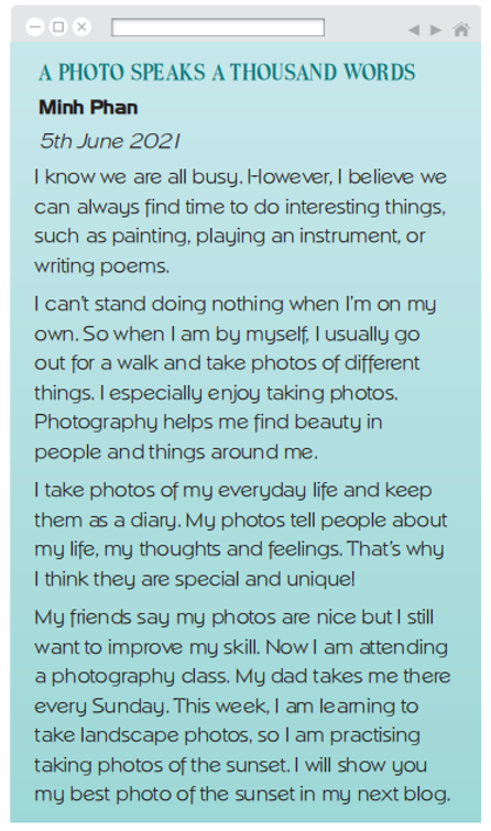 Read and listen to Minh’s blog about his hobby. What is it? (Đọc và nghe nhật ký của Minh (ảnh 1)