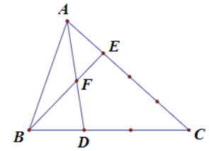 Cho hình vẽ. Tính tỉ số diện tích 2 tam giác BDF và AEF. (ảnh 1)