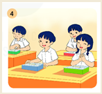 Nội dung sau ứng với bức tranh nào?Đến lượt Chi, cô bé rất hồi hộp. Bữa trưa hôm nay của Chi có trứng rán, ruốc cá, su hào luộc cùng cà rốt. Trông sặc sỡ như một vườn hoa. Thầy hiệu trưởng dà (ảnh 1)