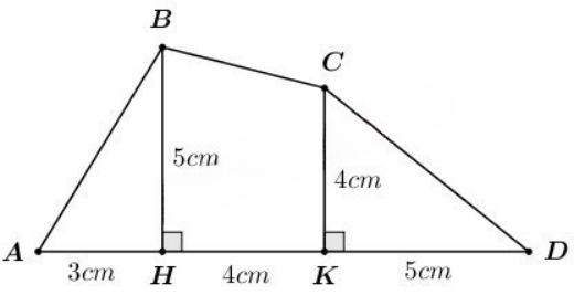 Cho tứ giác ABCD với các kích thước như hình vẽ bên. Diện tích tứ giác ABCD là: (ảnh 1)