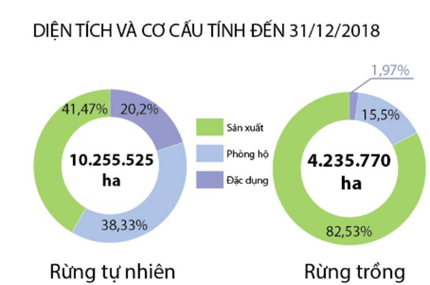 Cho biết tổng tỉ lệ diện tích rừng đặc dụng và sản xuất trồng được là bao nhiêu %? (ảnh 1)