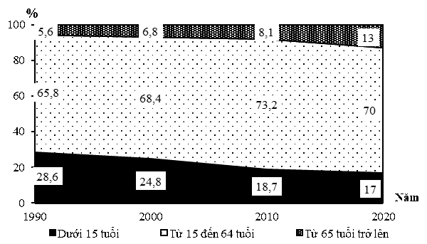 Biểu đồ thể hiện cơ cấu dân số phân theo nhóm tuổi của Trung Quốc, giai đoạn 1990 - 2020. (ảnh 1)
