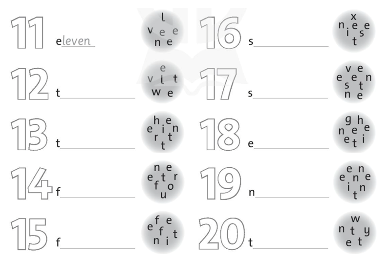 Look at the number and the letters. Write the word (Nhìn vào số và các chữ cái. Viết từ) (ảnh 1)