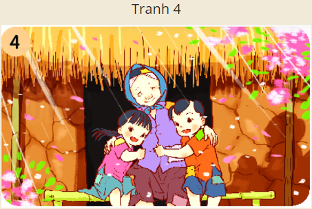  Đoạn kể chuyện sau ứng với bức tranh nào? Cô tiên phất chiếc quạt màu nhiệm, lâu đài, ruộng vườn bỗng chốc biến mất. Người bà sống lại, móm mém, hiền từ, dang tay ôm hai đứa cháu hiếu thảo v (ảnh 4)