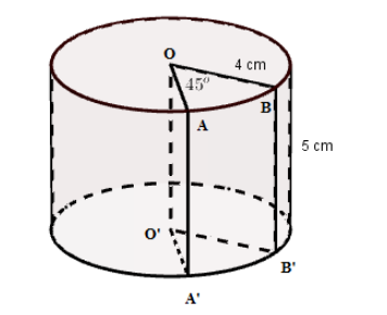 Cho hình trụ bị cắt bỏ một phần OABB'A'O' như hình vẽ. Thể tích phần còn lại là: (ảnh 1)