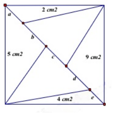 Một hình vuông có diện tích bằng 30 cm2 được chia đôi bằng cách vẽ một đường chéo và sau chia tiếp thành các hình tam giác có diện tích như hình dưới. Trong các đoạn thẳng a, b, c, d, e, đoạn thẳng nào dài nhất? (Lưu ý: Hình vẽ chỉ mang tính chất minh họa.) (ảnh 1)