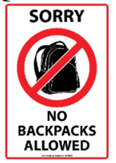 What does the sign say?   A. You shouldn’t carry a backpack when you’re in this area. B. You must pay attention when you bring a backpack. C. You cannot bring your backpacks into this area. D. Backpacks are not allowed in this area without your attention. (ảnh 1)