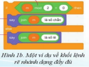  Theo ví dụ ở Hình 1b, nếu điều kiện (m mod 2) = 0 đúng thì Scratch sẽ thông báo điều gì? (ảnh 1)