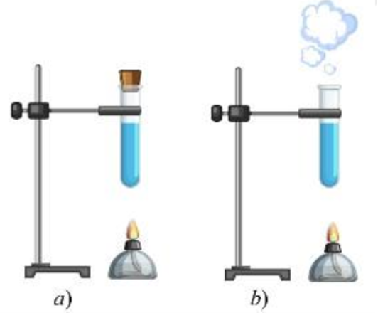 Hơ nóng một khối khí trong ống nghiệm có nút đậy kín như hình a) và được kết quả như hình b). Hiện tượng nút bị đẩy bật ra khỏi ống là do (ảnh 1)