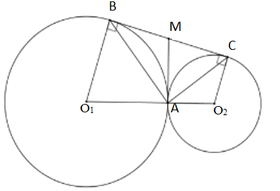 Cho hai đường tròn (O_1) và (O_2)tiếp xúc ngoài tại A và một đường thẳng d tiếp xúc với (O_1); (O_2)lần lượt tại B;C. Lấy M là trung điểm của BC (ảnh 1)