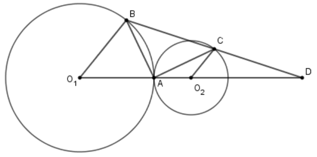 Cho (O_1};3cm) tiếp xúc ngoài với (O_2};1cm). Vẽ bán kính O_1B và O_2C // với nhau cùng thuộc một nửa mặt phẳng bờ O1O2. Gọi D là giao điểm của (ảnh 1)