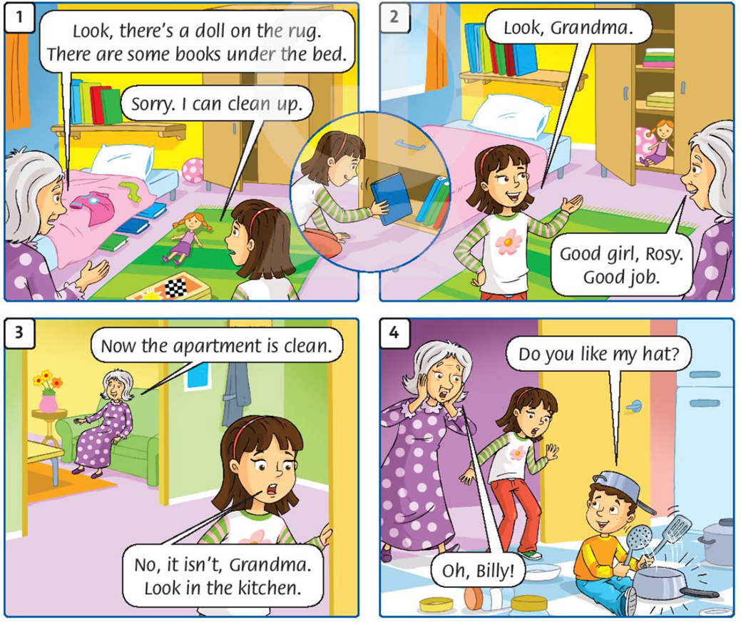 Listen and chant (Nghe và hát) 1. Look, thể's a doll on the rug. (ảnh 1)