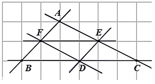 Cho hình vẽ sau:      a) Có ba bộ ba điểm thẳng hàng trong hình vẽ trên.   b) Có duy nhất một điểm thuộc cả ba đường thẳng.   c) Có hai cặp đường thẳng song song.   d) Trong hình vẽ trên có ba hình bình hành. (ảnh 1)