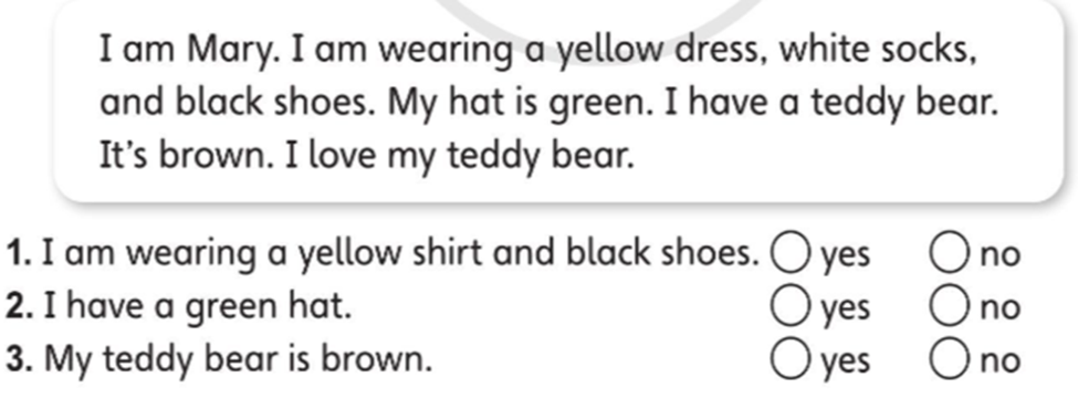 Read and check. (Đọc và kiểm tra) I am Mary. I am wearing a yellow dress, (ảnh 1)