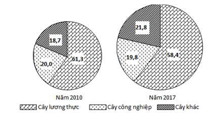 Cho biểu đồ về các loại cây trồng của nước ta năm 2010 và 2017. (ảnh 1)