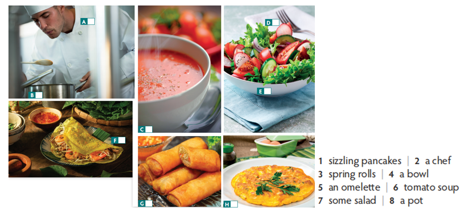 Look at the photos. Where can you see the words in the list? Write 1–8 in the boxes. (ảnh 1)