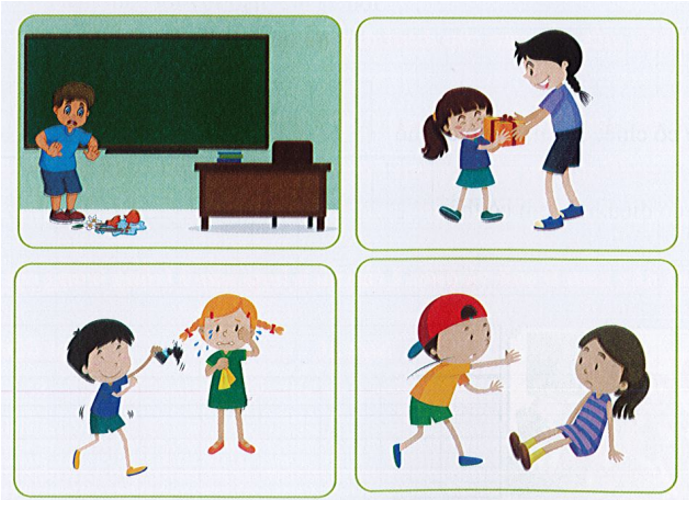 Dựa vào 4 tình huống trong mỗi bức tranh. Em hãy nói lời cảm ơn hoặc xin lỗi cho phù hợp. (ảnh 1)