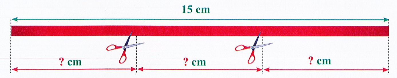 Lan cắt một sợi dây dài 15 cm thành 3 đoạn dây có độ dài bằng nhau. Độ dài của mỗi đoạn dây đó là:    (ảnh 1)