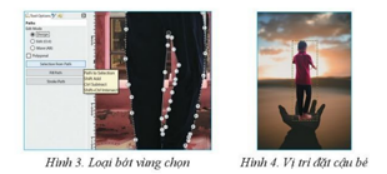 Để tạo vùng chọn cho cậu bé, em cần dùng công cụ Paths để bao quanh cậu bé. Sau đó, để loại bỏ vùng chọn thừa ở phần chân, em sẽ dùng lệnh gì?  (ảnh 1)