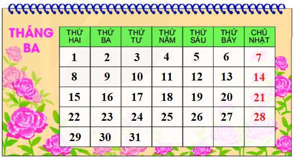  Xem tờ lịch tháng ba dưới đây rồi trả lời các câu hỏi.Các ngày thứ ba trong tháng 3 là: (ảnh 1)