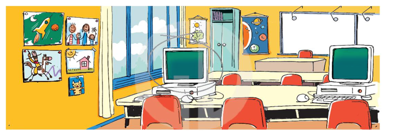 Read again. Circle five things in the classroom (Đọc lại lần nữa. Khoanh năm (ảnh 1)