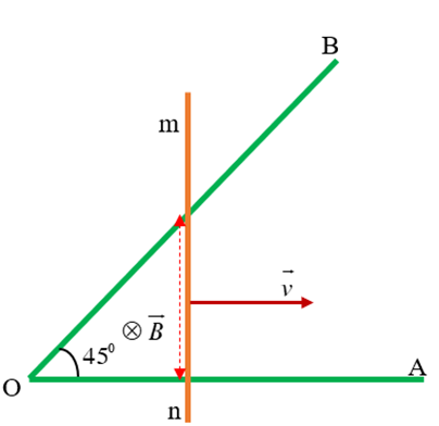 Hai thanh ray bằng kim loại OA, OB nối với nhau tại O. Thanh kim loại mn vuông góc với OA chuyển động thẳng đều ra xa điểm O với tốc độ 2 m/s. (ảnh 1)