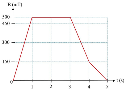Một khung dây dẫn hình tròn đường kính 5 cm được đặt trong vùng từ trường đều có các đường sức từ vuông góc với mặt phẳng khung dây. (ảnh 1)