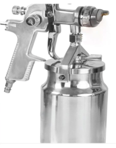 Hình bên là súng phun sơn HVLP (High-Volume, Low-Pressure). Điều chỉnh áp suất khí sao cho phù hợp, thường ở  mức p_0 = 2{,}5\ \text{bar} ở nhiệt độ t_0 = 27^\circ C để có thể tạo lớp sơn đều. (ảnh 1)