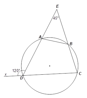      1. Cho tam giác đều \(ABC.\) Góc quay của phép quay thuận chiều kim đồng hồ với tâm \(A\) biến điểm \(B\) thành điểm \(C\) là bao nhiêu độ?         2. Cho tứ giác \(ABCD\) nội tiếp đường tròn (hình vẽ) có hai cạnh \(AD\) và \(BC\) cắt nhau tại \(E.\)  Hãy tính số đo độ của góc \(BCD\) khi biết \(\widehat {DEC} = 45^\circ \) và \(\widehat {ADx} = 120^\circ .\) (ảnh 1)