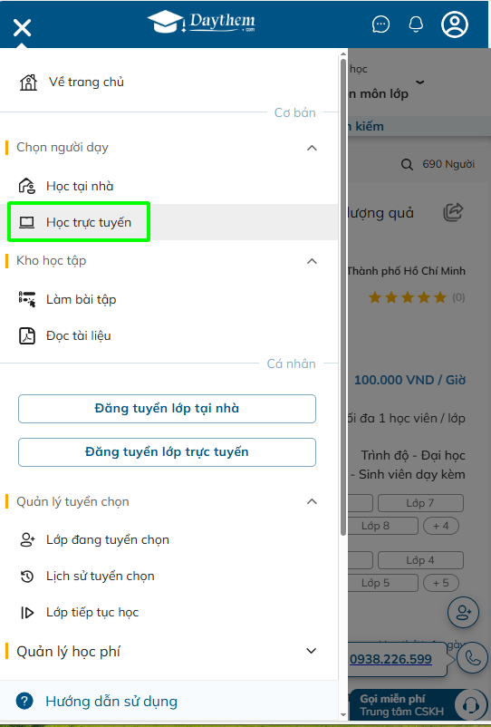 Trong mục Chọn người dạy, chọn hình thức “Học trực tuyến". 